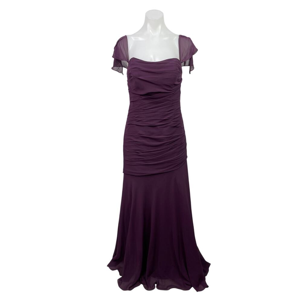 Watters & Watters Purple Short Sleeve Ruched Bridesmaid Maxi Gown Dress Size M